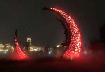 公園月亮雕塑效果圖，噴砂發(fā)光雕塑，鍛造工藝制作