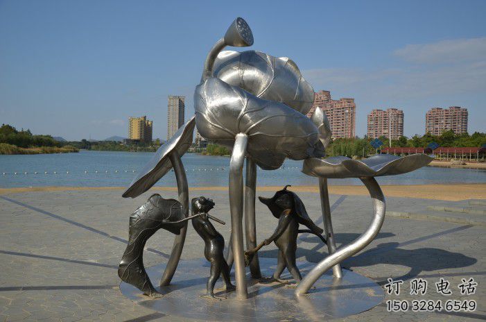 瓊山蓮蓬嬉戲雕塑，城市植物景觀雕塑，不銹鋼鏡面效果