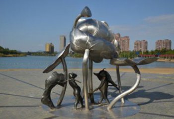 建鄴蓮蓬嬉戲雕塑，城市植物景觀雕塑，不銹鋼鏡面效果